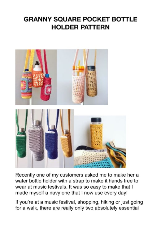 Colorful crochet bottle holders with straps in rainbow, navy and cream next to water bottles