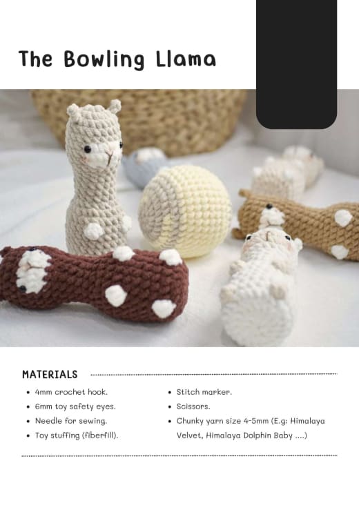 Cream, white and brown crochet llamas standing like bowling pins next to a pale yellow crochet ball