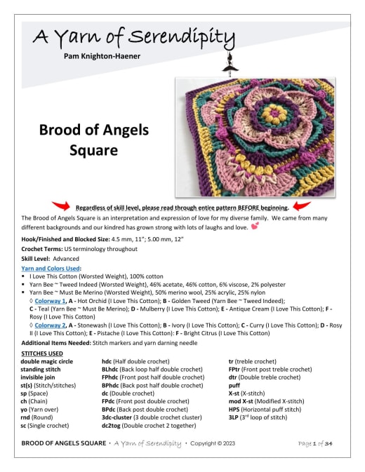 Colorful crochet Brood of Angels square with a flower mandala center in orange and teal on a green and purple frame