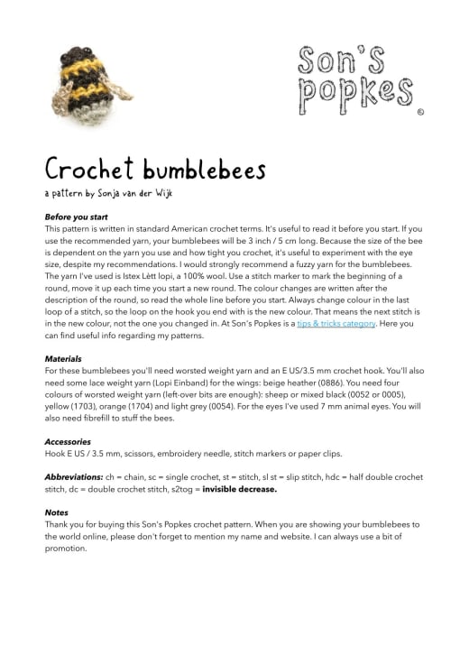 Crochet bumblebee with black and yellow stripes next to the introduction and materials text