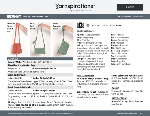 Page with a shoulder strap bucket bag, a crossbody pouch and a small essentials pouch in fawn and green crochet