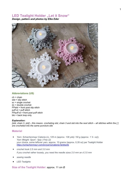 Three snowflake-shaped crochet tealight holders in grey, pink and white with LED candles