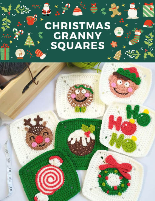 Christmas granny squares with an elf, a reindeer, a pudding, a Santa, Ho Ho Ho letters, a peppermint candy and a wreath