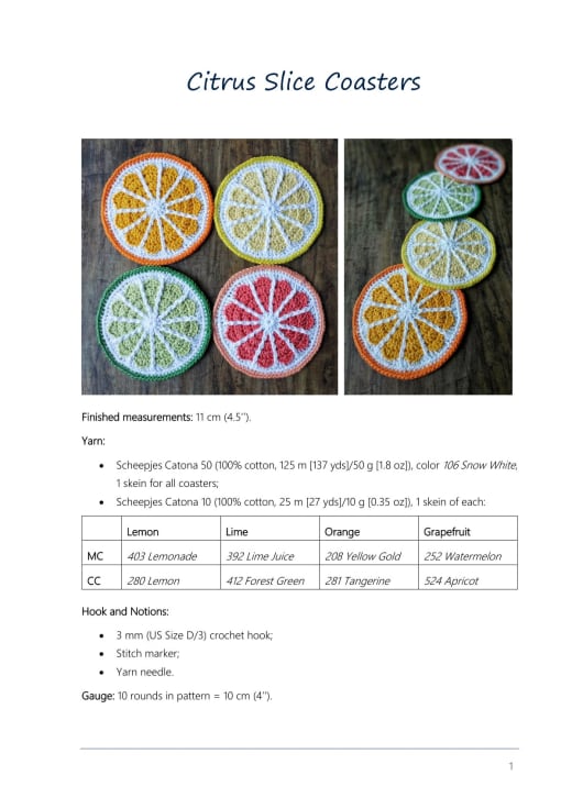 Four crochet citrus slice coasters in lemon, lime, orange and grapefruit colors on a wooden table