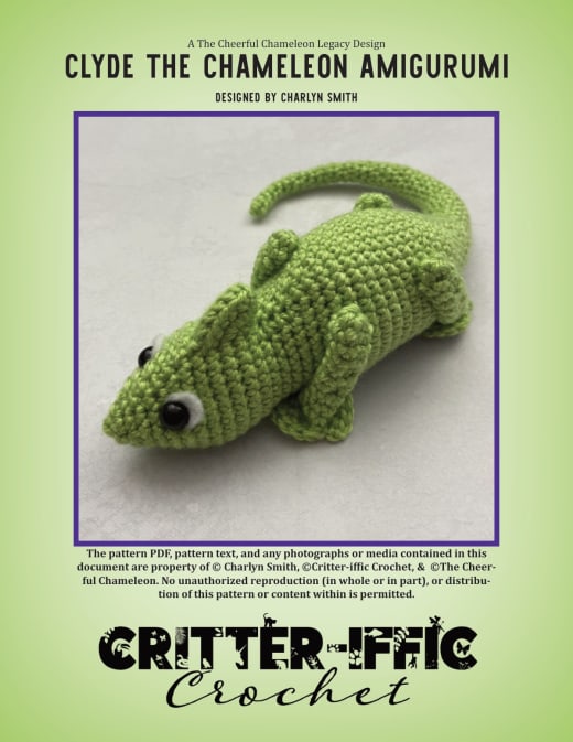 Green crochet chameleon with a curled tail and big white eyes with black pupils