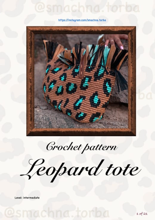 Raffia crochet tote bag with a leopard print in tan, black and turquoise and black and tan fringe