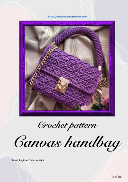 Purple crochet handbag with a diamond textured flap, a gold lock, a top handle and a gold chain strap
