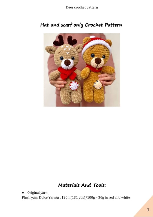 Plush crochet deer and bear toys wearing red Santa hats and red scarves