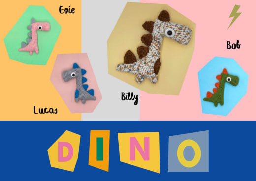 Four dino keychain designs named Evie, Billy, Lucas and Bob on colorful paper shapes