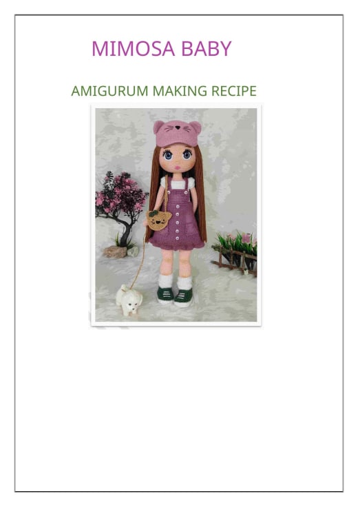 Amigurumi doll with long brown hair, a pink bear-ear cap and a purple pinafore dress, standing with a small white dog