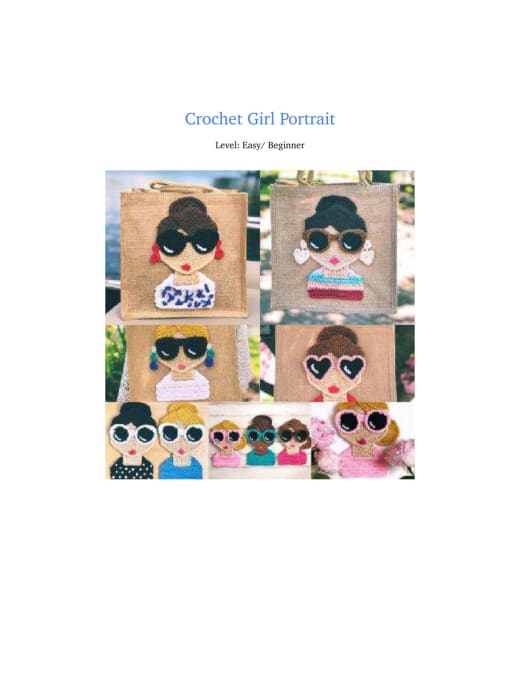 Collage of crochet girl portraits sewn on tote bags with different hair and sunglasses