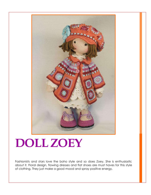 Doll Zoey with brown hair, an orange beret and a red and grey granny square cardigan
