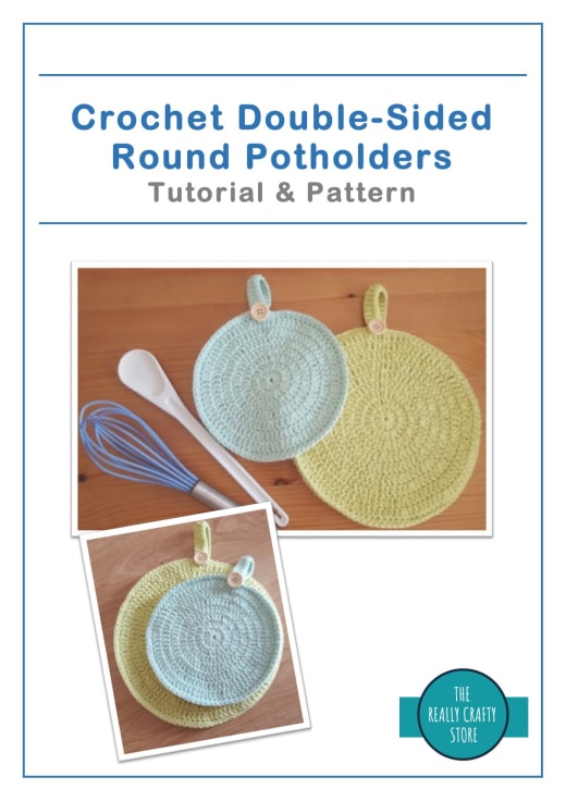 Two round crochet potholders in light blue and yellow on a kitchen table