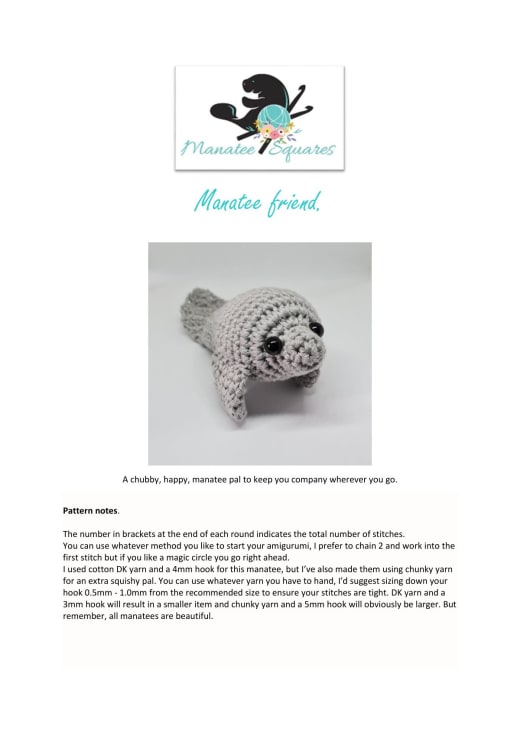Grey crochet manatee amigurumi with safety eyes on the cover