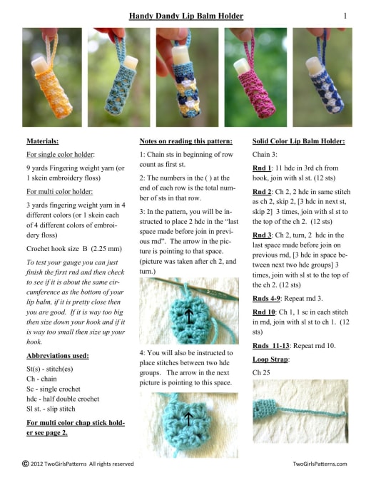 Row of crochet lip balm holders in solid and striped colors with loop straps