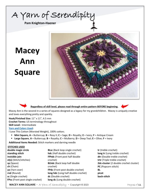 Macey Ann crochet square in purple, gold and teal on the cover