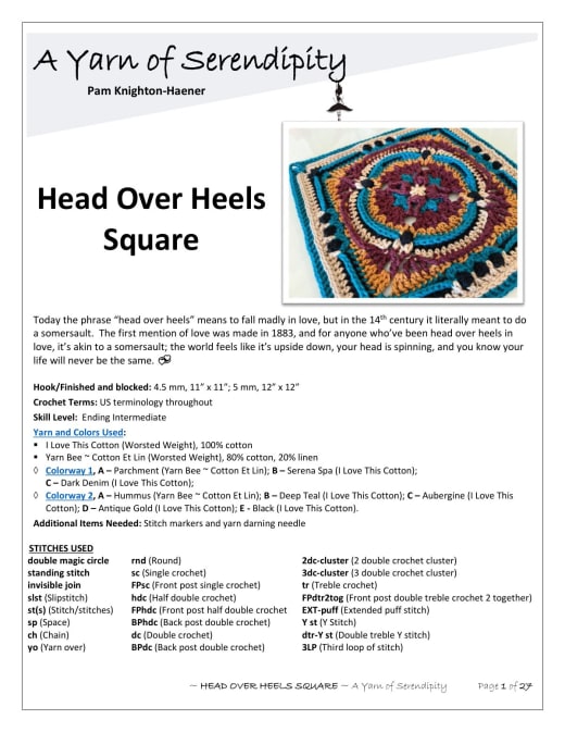 Head Over Heels crochet square in red, blue, gold and teal