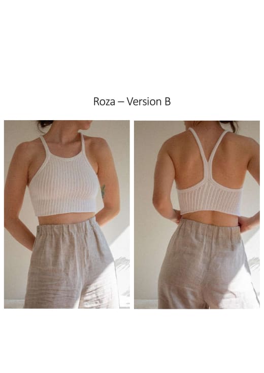 Woman wearing the white Roza crocheted crop top with a racerback
