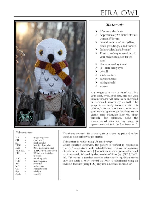 White crochet snowy owl with a striped scarf