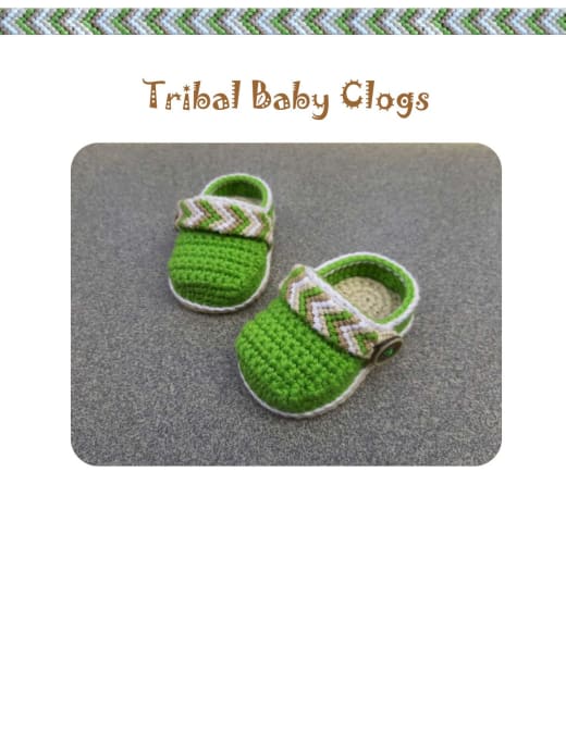 Pair of green crochet baby clogs with brown soles and braided straps