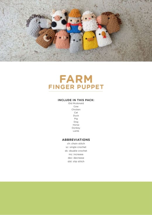 Set of crochet farm finger puppets lined up