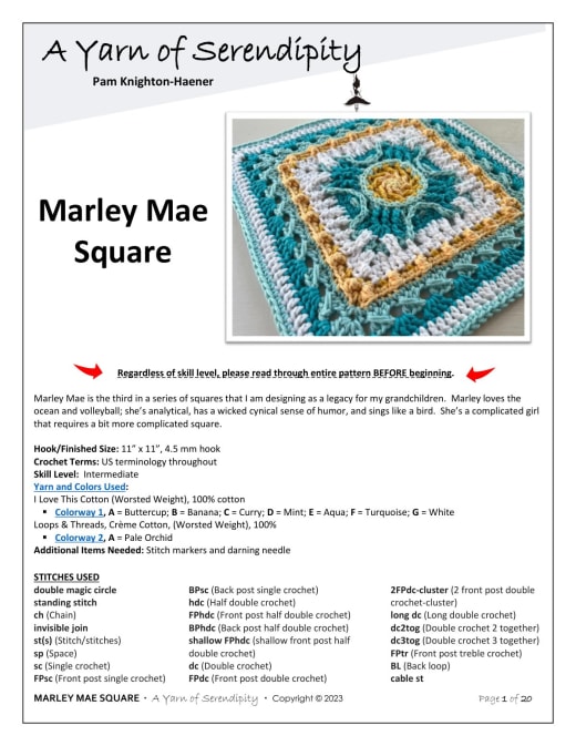 Marley Mae square in aqua, turquoise and yellow on the cover