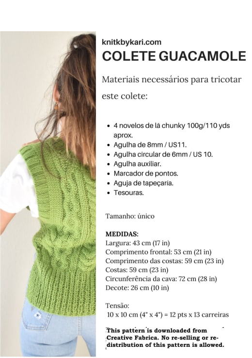 Woman wearing a green chunky cable knit sweater vest over a white T-shirt