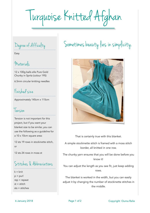 Turquoise knitted afghan draped over a chair