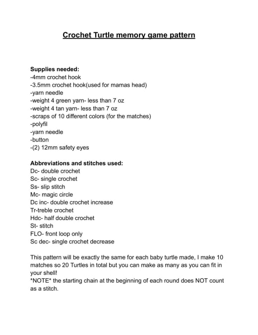 Pattern cover with the supplies list for the turtle memory game