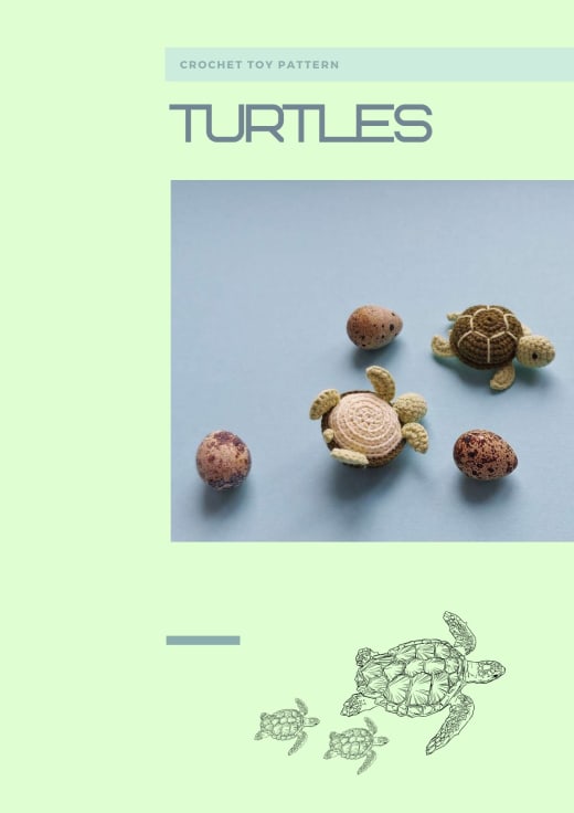Small crochet turtles in green, pink and brown with a turtle illustration