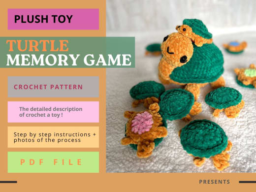 Plush green and tan crochet mama turtle with baby turtles