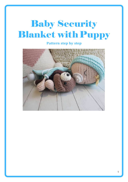 Crochet baby security blanket with a sleeping baby and a little puppy