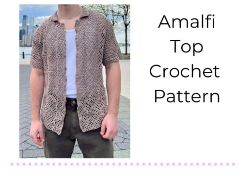 Man wearing the Amalfi crochet shirt in a brown square design