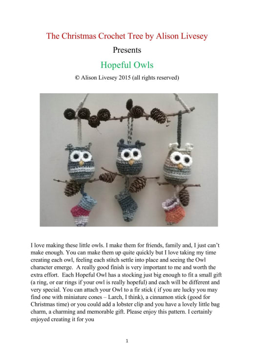 Little crochet owls hanging from a branch
