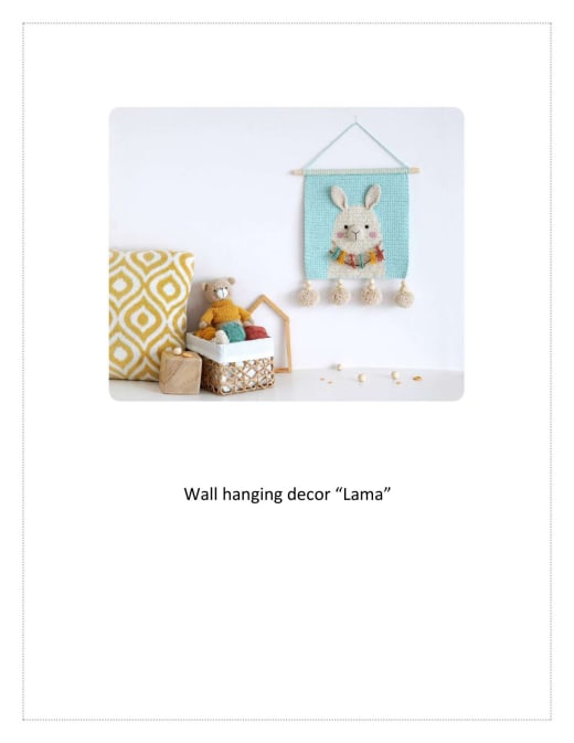 Mint crochet wall hanging with a fluffy white llama