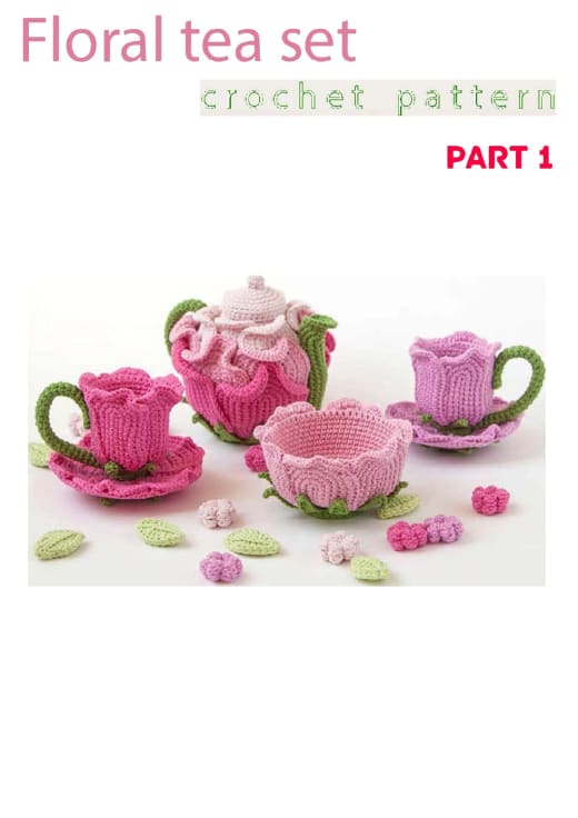 Pink floral crochet teapot with matching flower cups and saucers
