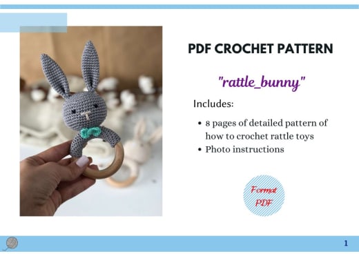 Grey crochet bunny rattles on wooden rings