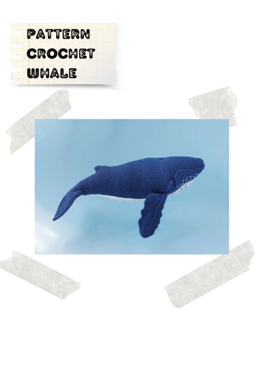 Dark blue crochet whale with long white fins