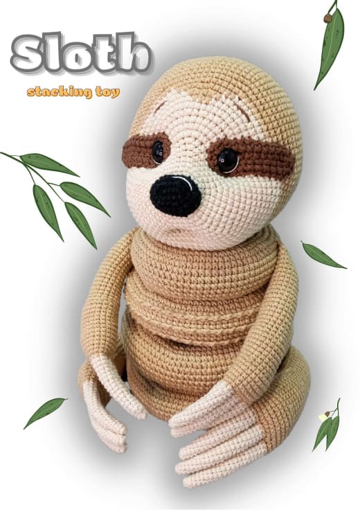 Beige crochet sloth stacking toy with rings and long claws
