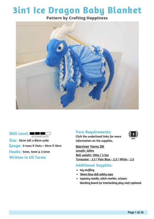 Blue crochet ice dragon made from a folded baby blanket