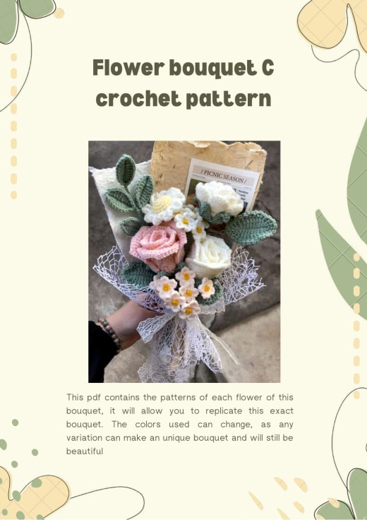 Crochet flower bouquet with roses, daisies and leaves wrapped in paper