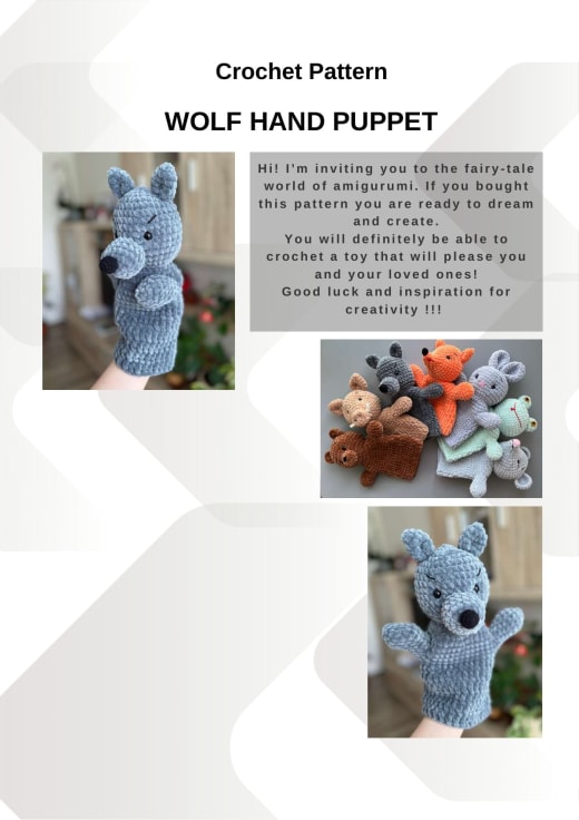 Grey plush crochet wolf hand puppet