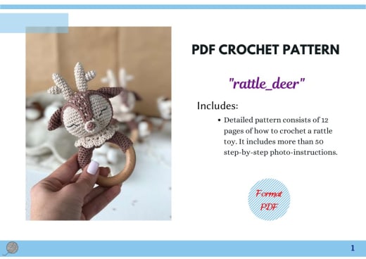 Crochet deer head rattle with antlers on a wooden ring