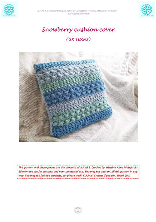 Snowberry crochet cushion cover in shades of blue and teal