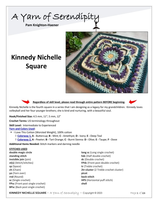 Kinnedy Nichelle crochet square in teal, purple, yellow and mint