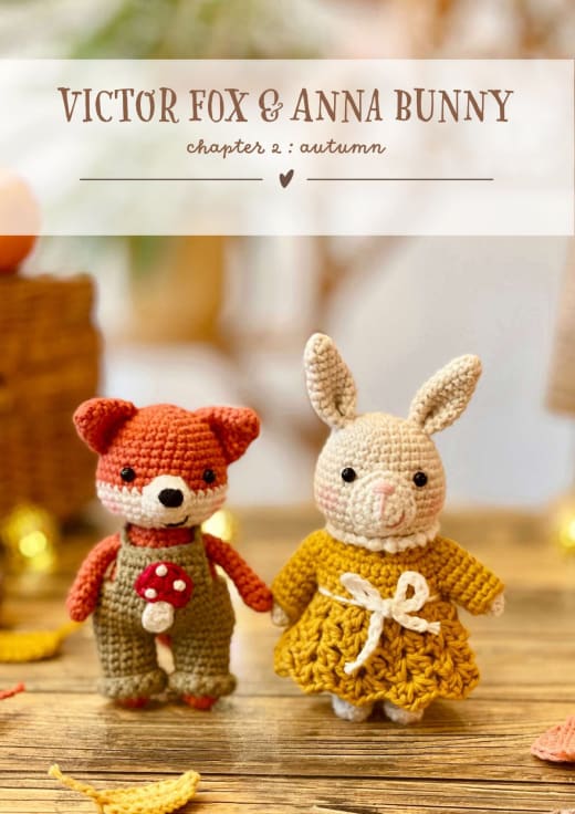 Crochet fox and bunny in autumn clothes holding a mushroom