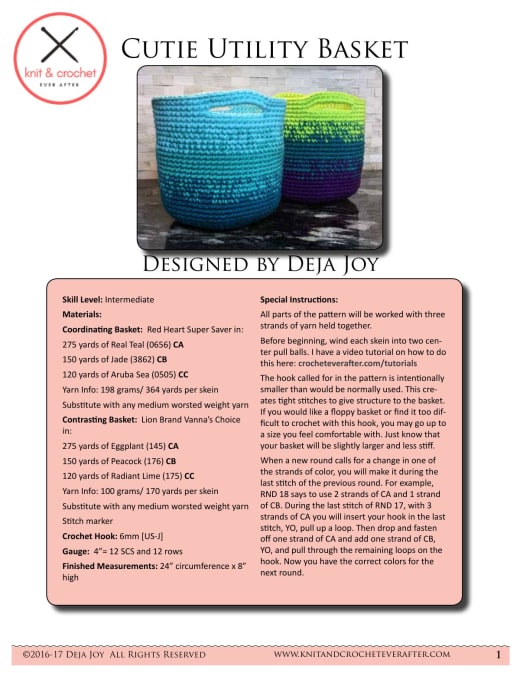 Two crochet utility baskets in blue-green and purple-lime color blocks