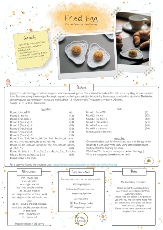 Crochet fried egg with a white egg white and a round yellow yolk