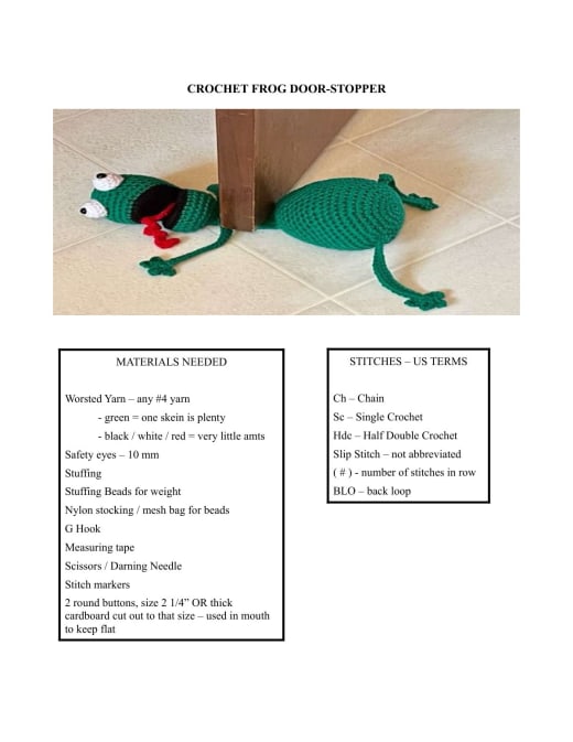Green crochet frog door stopper lying on the floor against a door