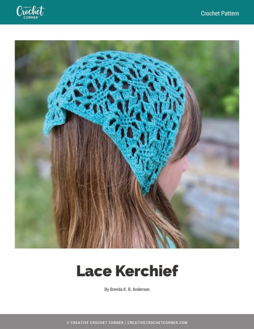 Woman wearing a teal crochet lace kerchief on her hair